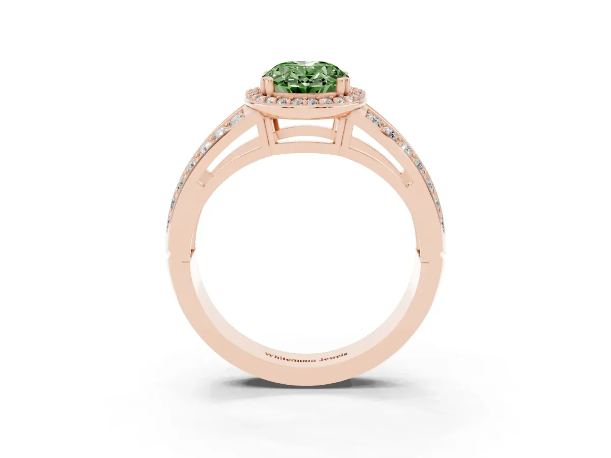 Fancy Green Oval Cut Diamond Halo Ring with Split Shank Pavé Band and Four-Prong Setting Rose gold