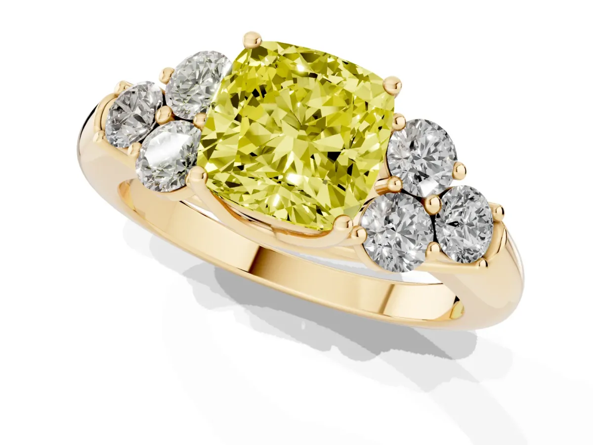 Fancy Yellow Cushion Cut Cut Diamond Cluster Ring with Round Accent Stones and Prong Setting on a Classic Band Yellow gold