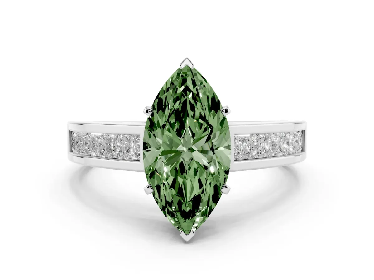 Fancy Green Marquise Cut Solitaire Diamond Ring with Channel-Set Band and Four-Prong Setting White gold