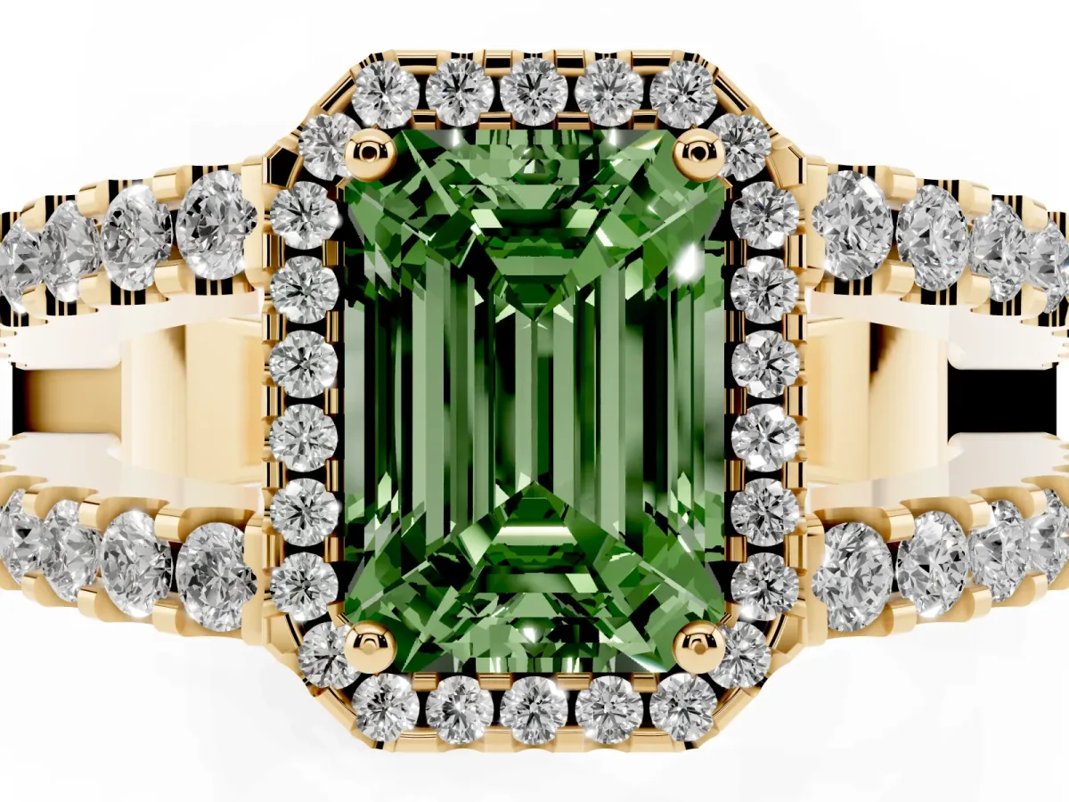 Fancy Green Emerald Cut Cut Halo Split Shank Diamond Ring with Four-Prong Setting Yellow gold