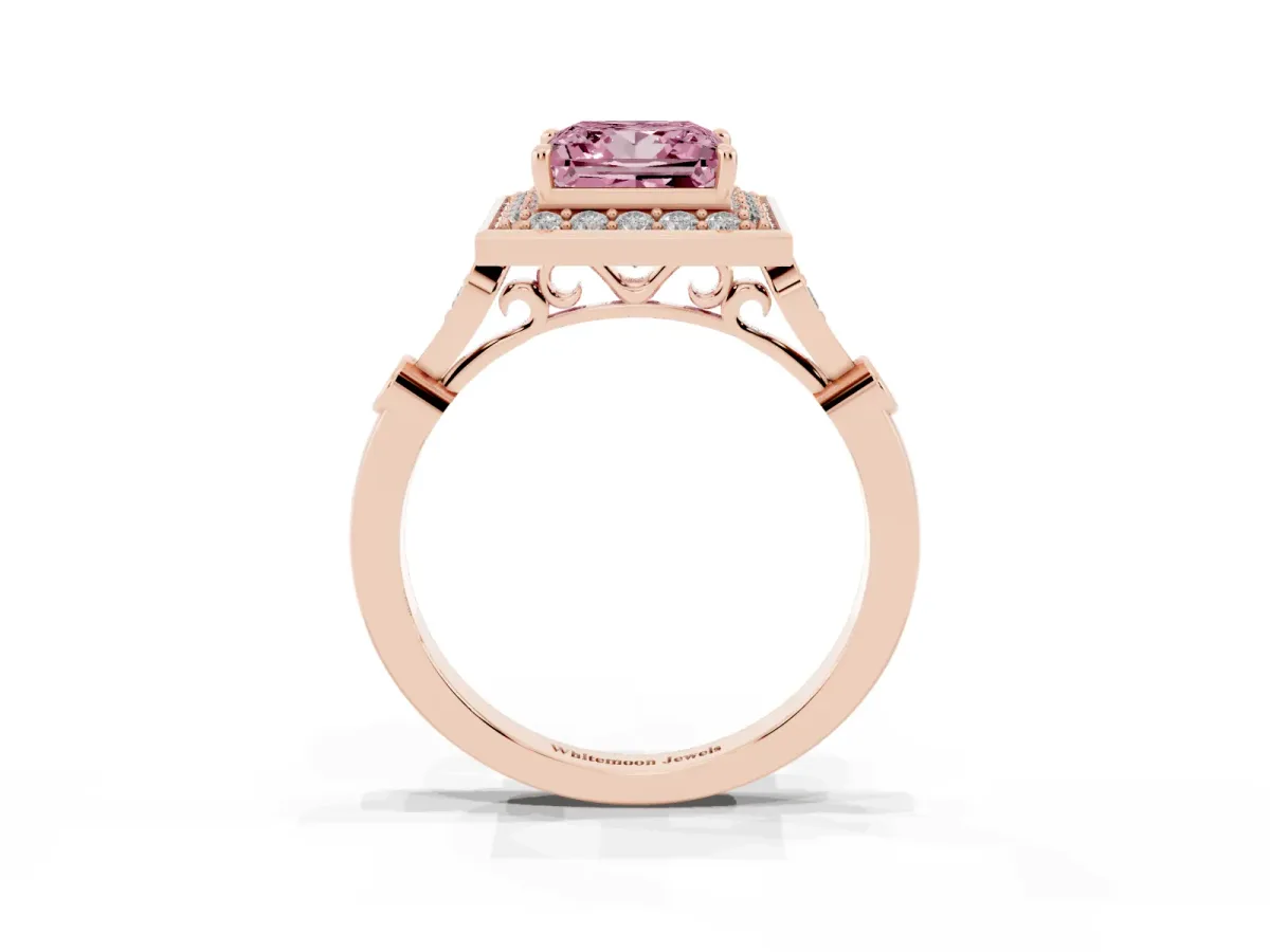 Fancy Pink Princess Cut Halo Diamond Engagement Ring with Twisted Band and Four-Prong Setting Rose gold