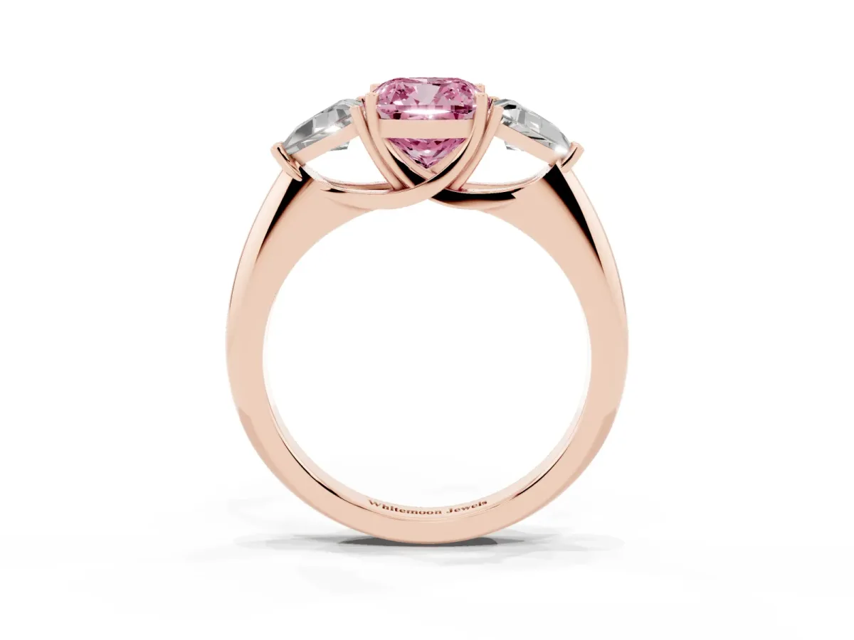 Fancy Pink Three-Stone Cushion Cut Diamond Engagement Ring with Trillion Side Stones and Prong Setting Rose gold