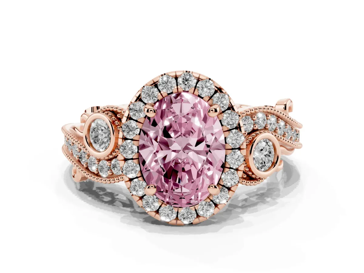 Fancy Pink Oval Cut Diamond Halo Ring with Milgrain Pavé Band and Four-Prong Setting Rose gold