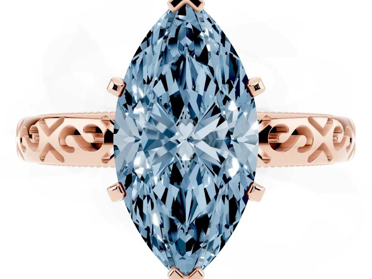 Fancy Blue Marquise Cut Solitaire Engagement Ring with Scrollwork Band and Four-Prong Setting Rose gold