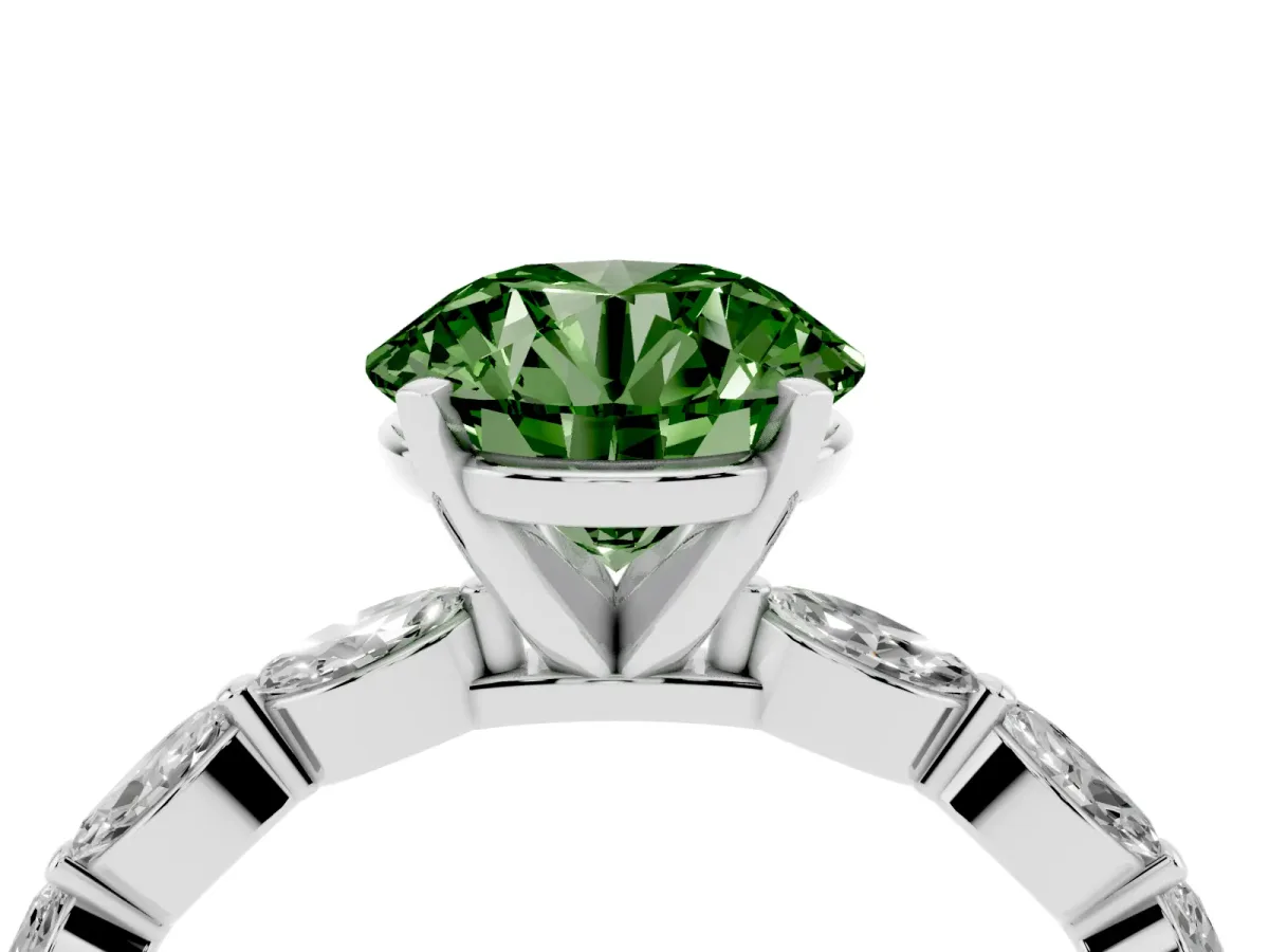 Fancy Green Round Cut Diamond Ring with Marquise Side Stones and Prong Setting Silver