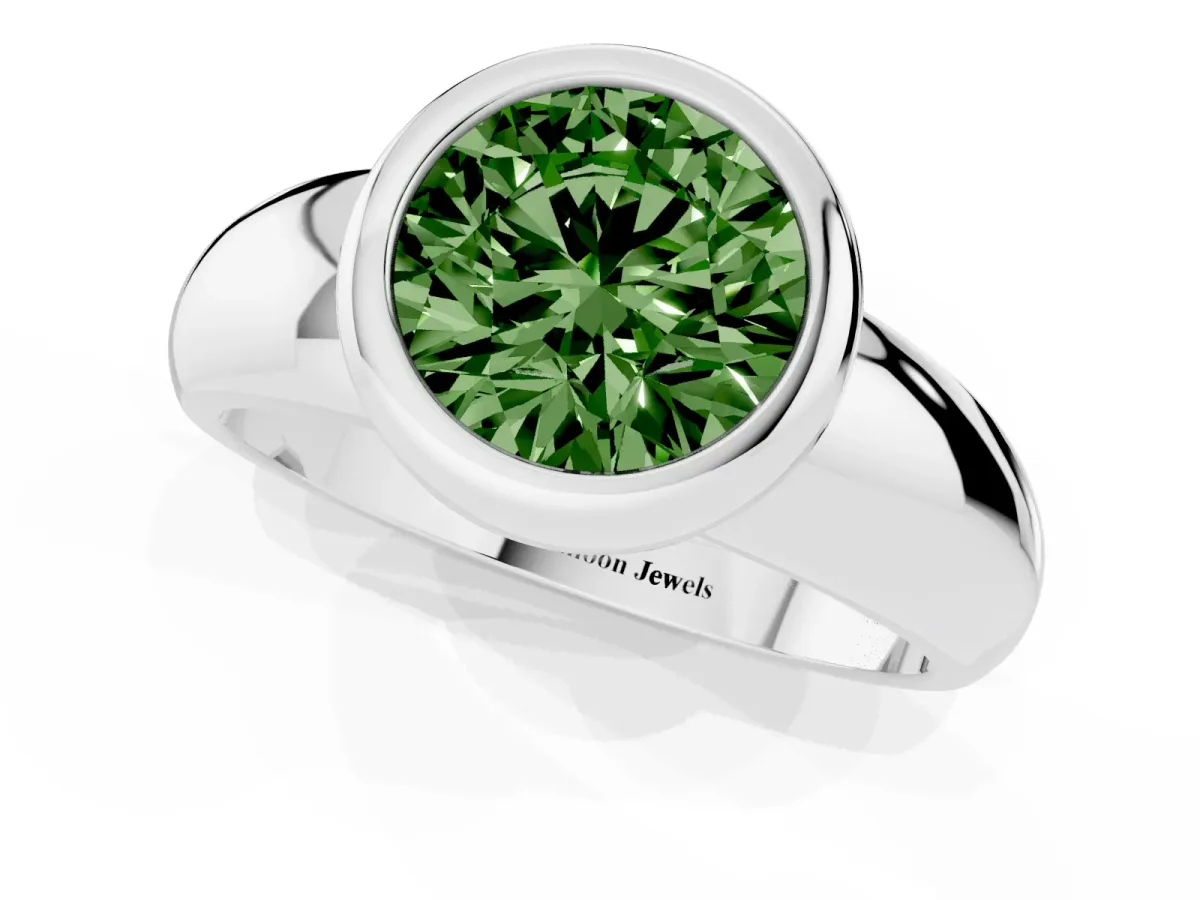 Fancy Green Bezel Set Round Cut Solitaire Ring with Wide Band Silver