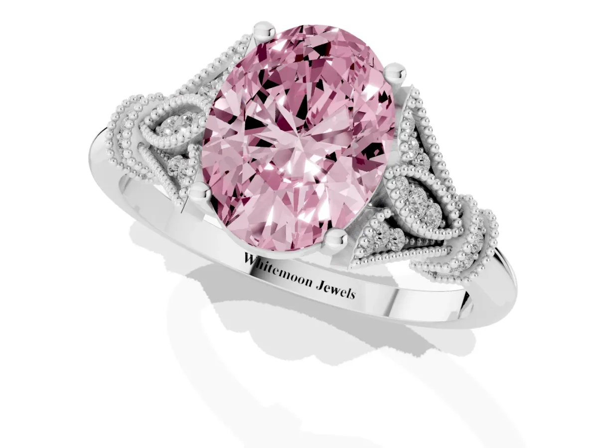 Fancy Pink Oval Cut Diamond Solitaire Ring with Floral Filigree and Pave Accents Platinum
