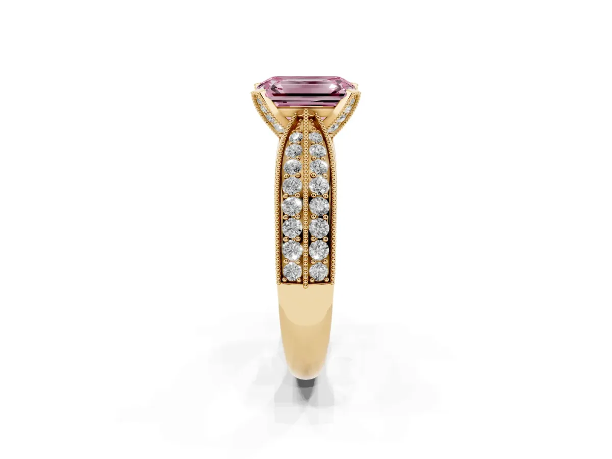 Fancy Pink Emerald Cut Diamond Solitaire Ring with Milgrain Round Pavé Band and Prong Setting Yellow gold