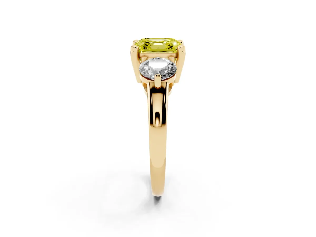 Fancy Yellow Three-Stone Asscher Cut Brilliant Cut Solitaire Ring with Prong Setting on a Classic Band Yellow gold