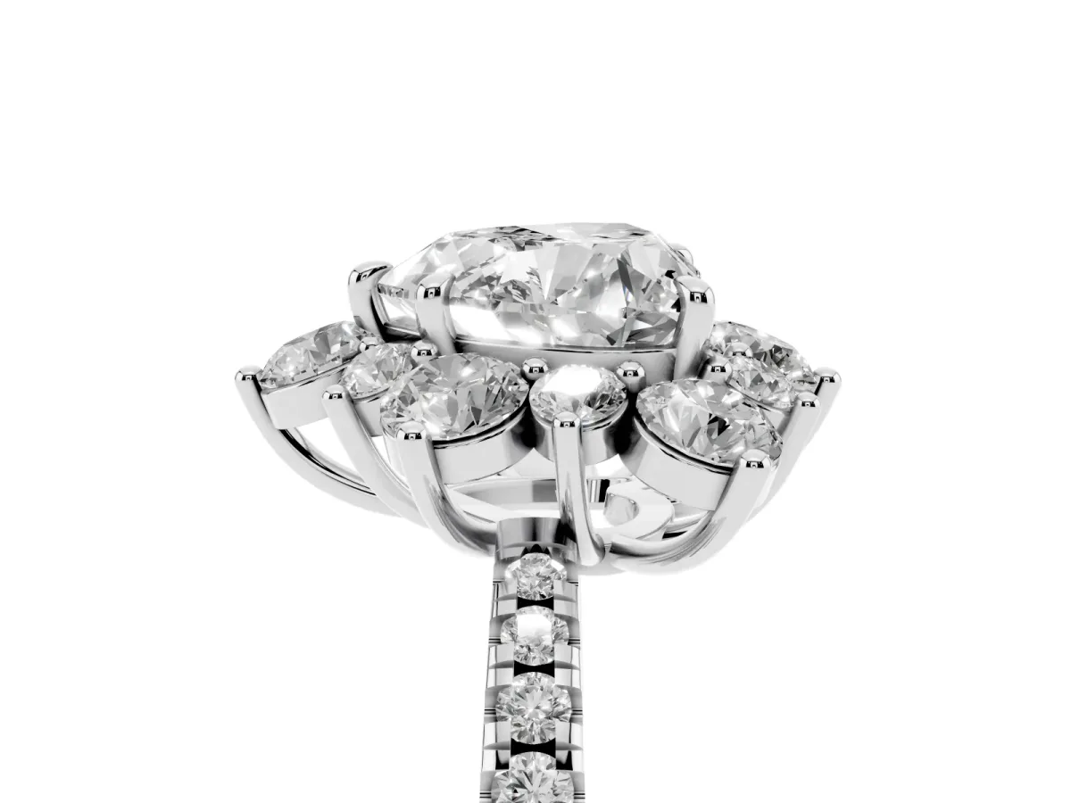 Heart Cut Diamond Floral Halo Ring with Round Pavé Band and Prong Setting Silver