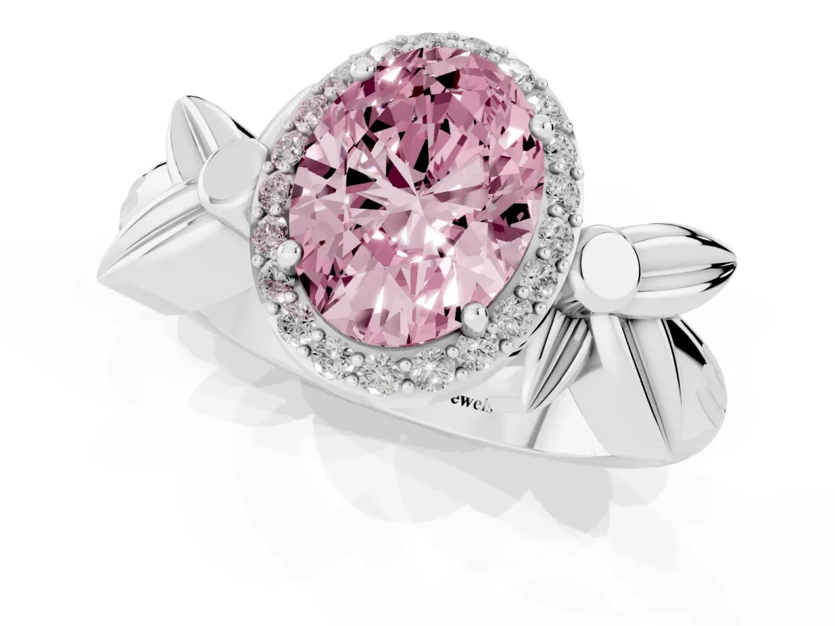 Fancy Pink Oval Cut Halo Diamond Floral Band with Four-Prong Setting Silver
