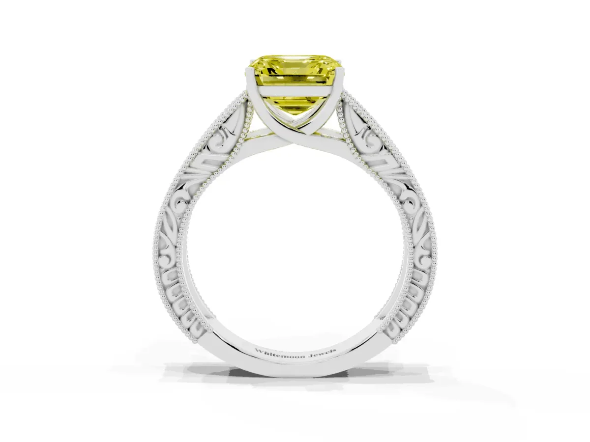 Fancy Yellow Asscher Cut Diamond Solitaire Ring with Engraved Band and Four-Prong Setting Platinum