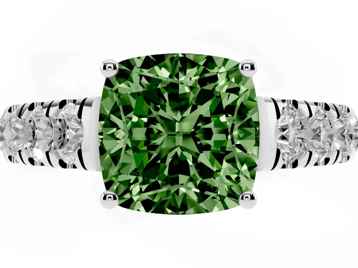 Fancy Green Cushion Cut Cut Diamond Solitaire Ring with Micro Pave Band and Prong Setting Silver