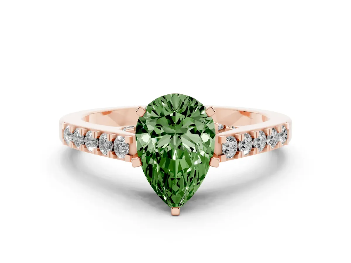 Fancy Green Pear Cut Diamond Solitaire Ring with Crossover Gallery and Round Pavé Band Rose gold