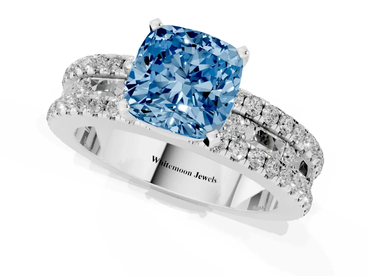 Fancy Blue Cushion Cut Diamond Solitaire Ring with Pavé and Channel Set Band Silver