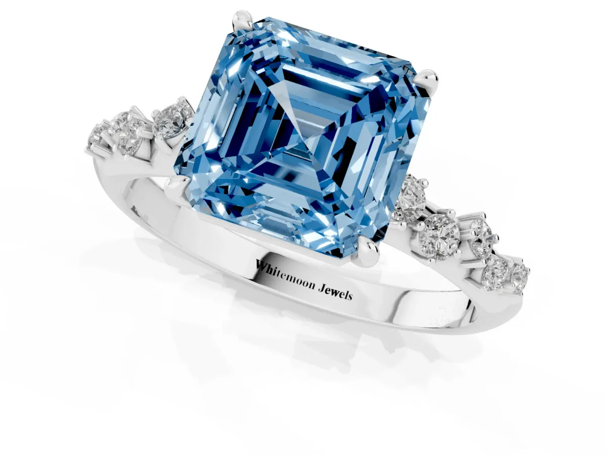 Fancy Blue Asscher Cut Diamond Cluster Side Stone Solitaire Ring with Prong Setting Silver