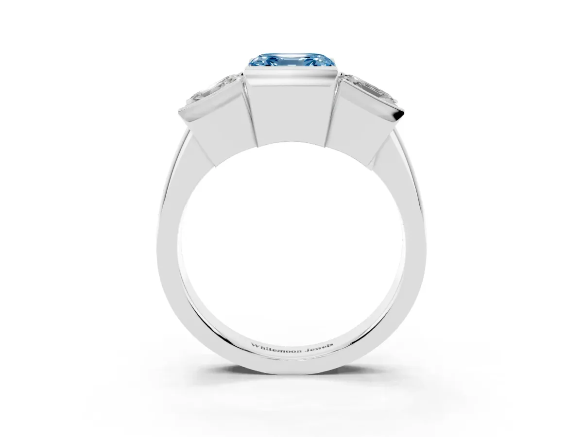 Fancy Blue Three Stone Asscher Cut Cut Channel Set Diamond Ring Platinum