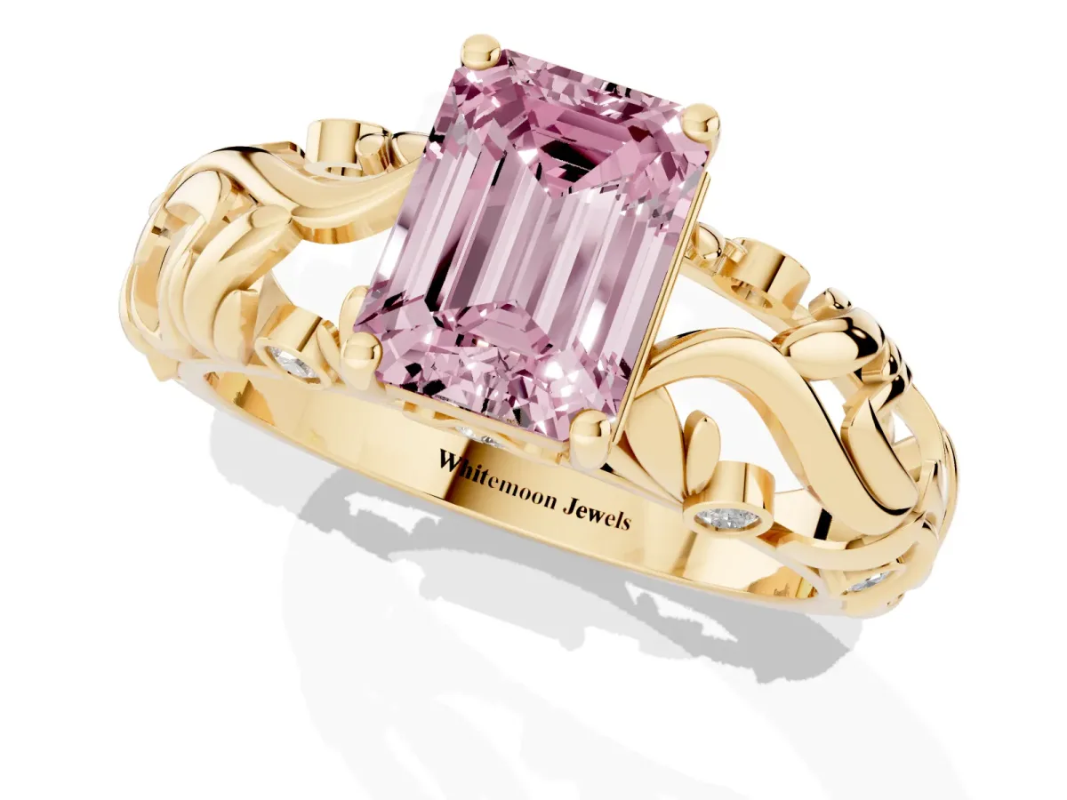 Fancy Pink Emerald Cut Solitaire Diamond Leaf-Inspired Vine Band Ring with Prong Setting Yellow gold
