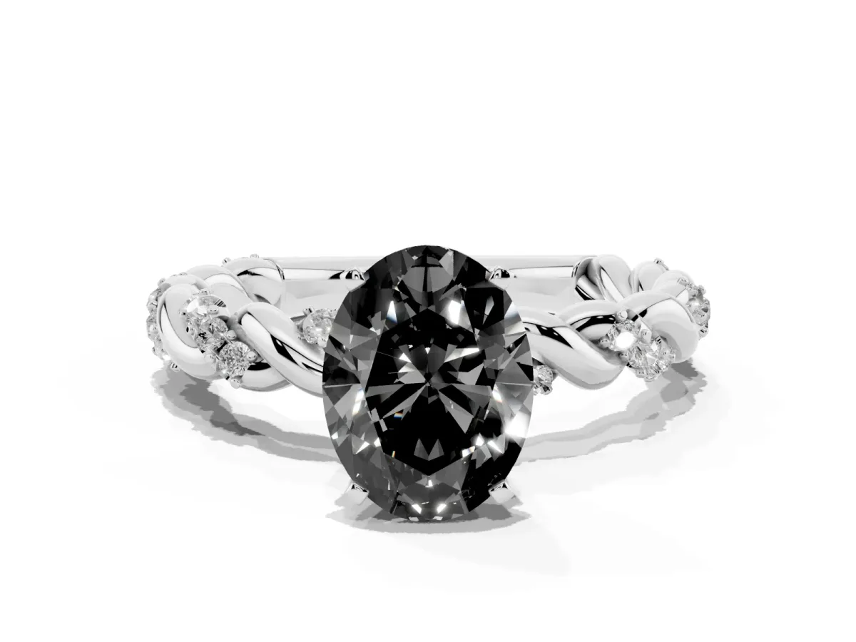 Fancy Black Oval Cut Diamond Solitaire Ring with Twisted Band and Pavé Accents Silver