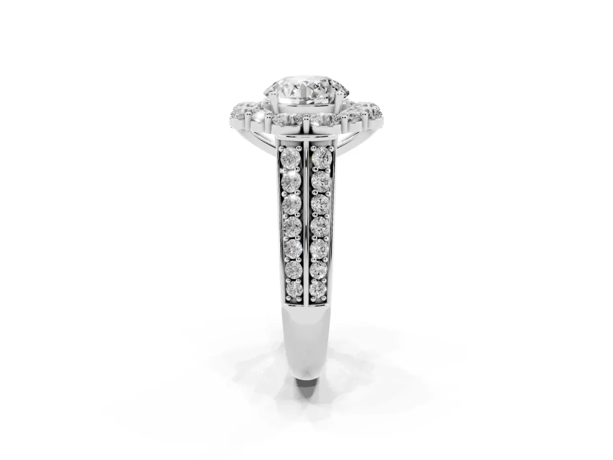 Round Cut Halo Diamond Engagement Ring with Split Shank and Prong Setting Silver