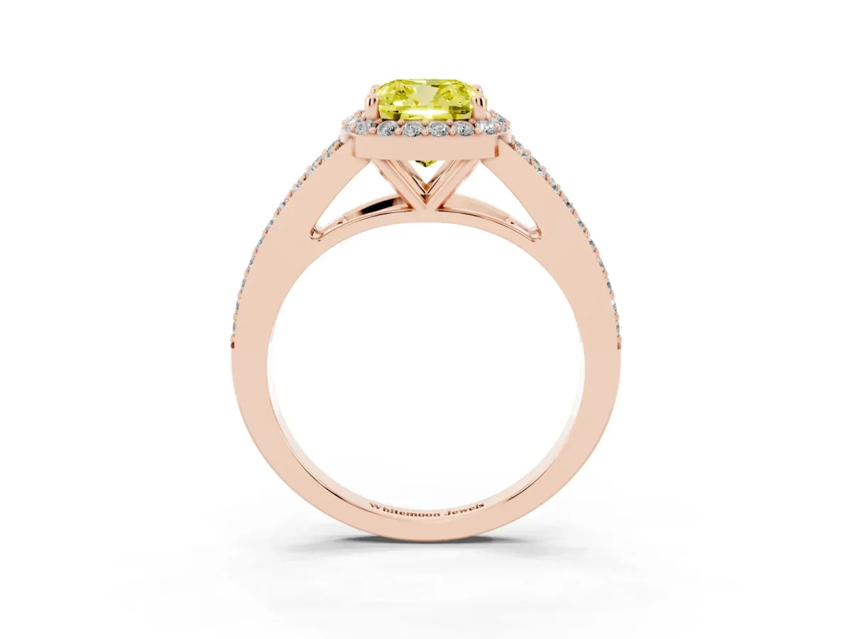 Fancy Yellow Cushion Cut Halo Split Shank Pave Diamond Ring with Four-Prong Setting Rose gold