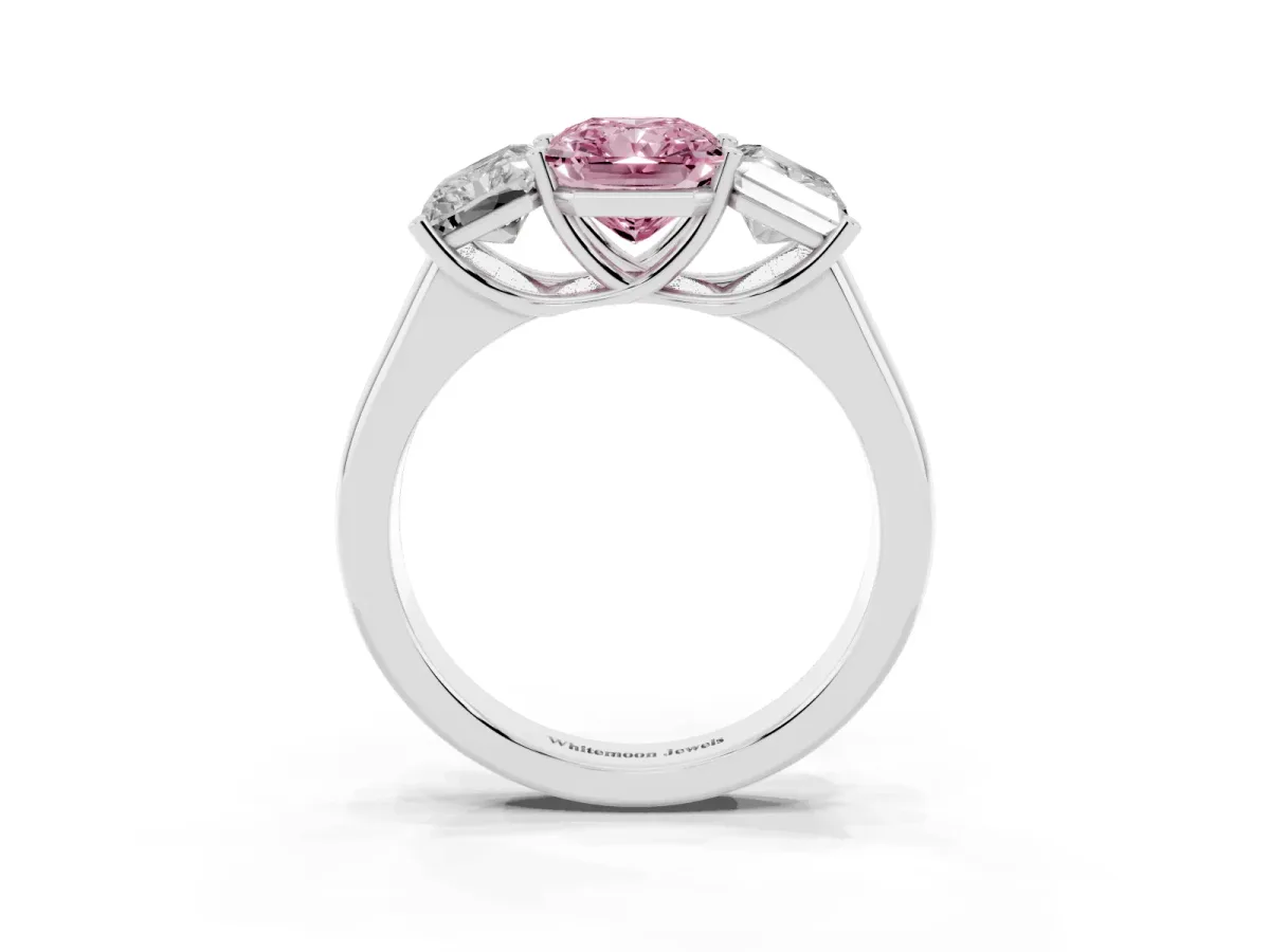 Fancy Pink Radiant Cut Three-Stone Diamond Ring with Prong Setting on a Classic Band Silver