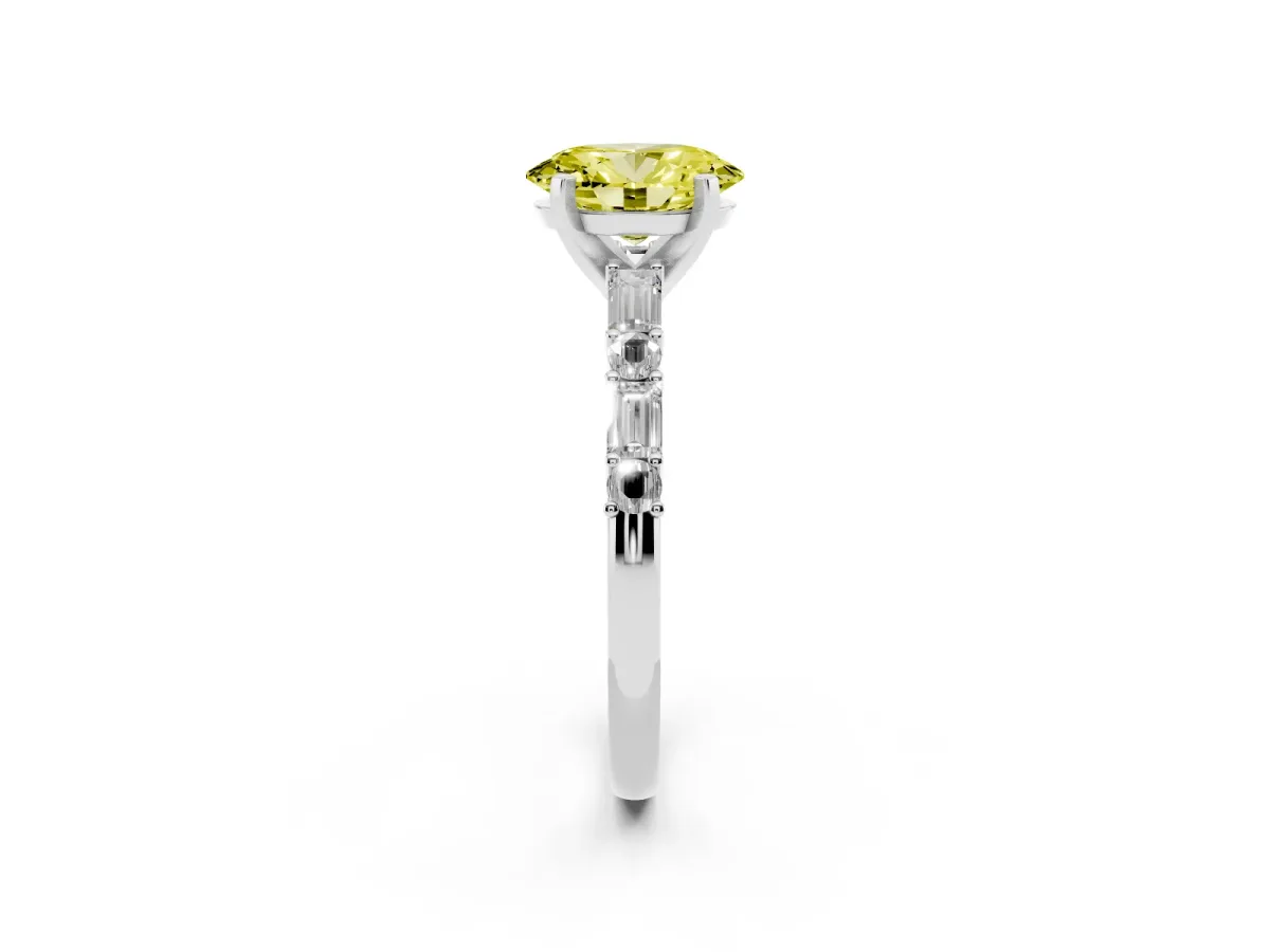 Fancy Yellow Oval Cut Diamond Solitaire with Side Baguettes and Channel Set Band White gold