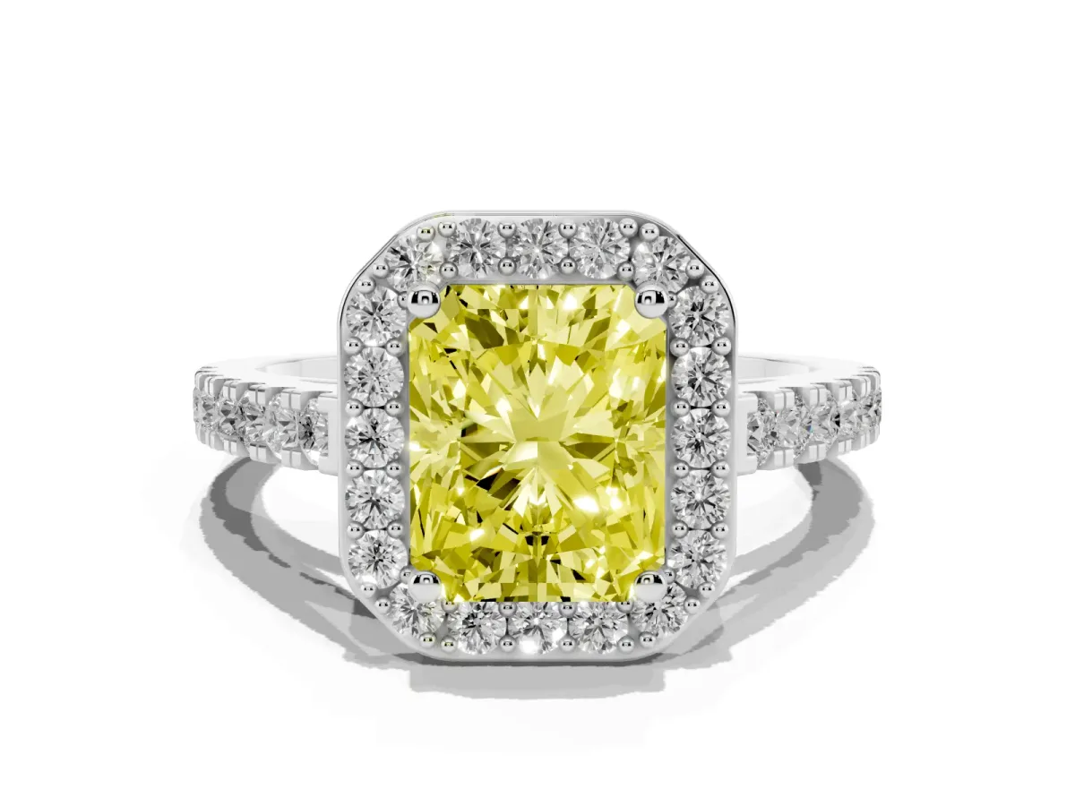 Fancy Yellow Radiant Cut Diamond Halo Ring with Round Pavé Split Shank and Prong Setting Silver