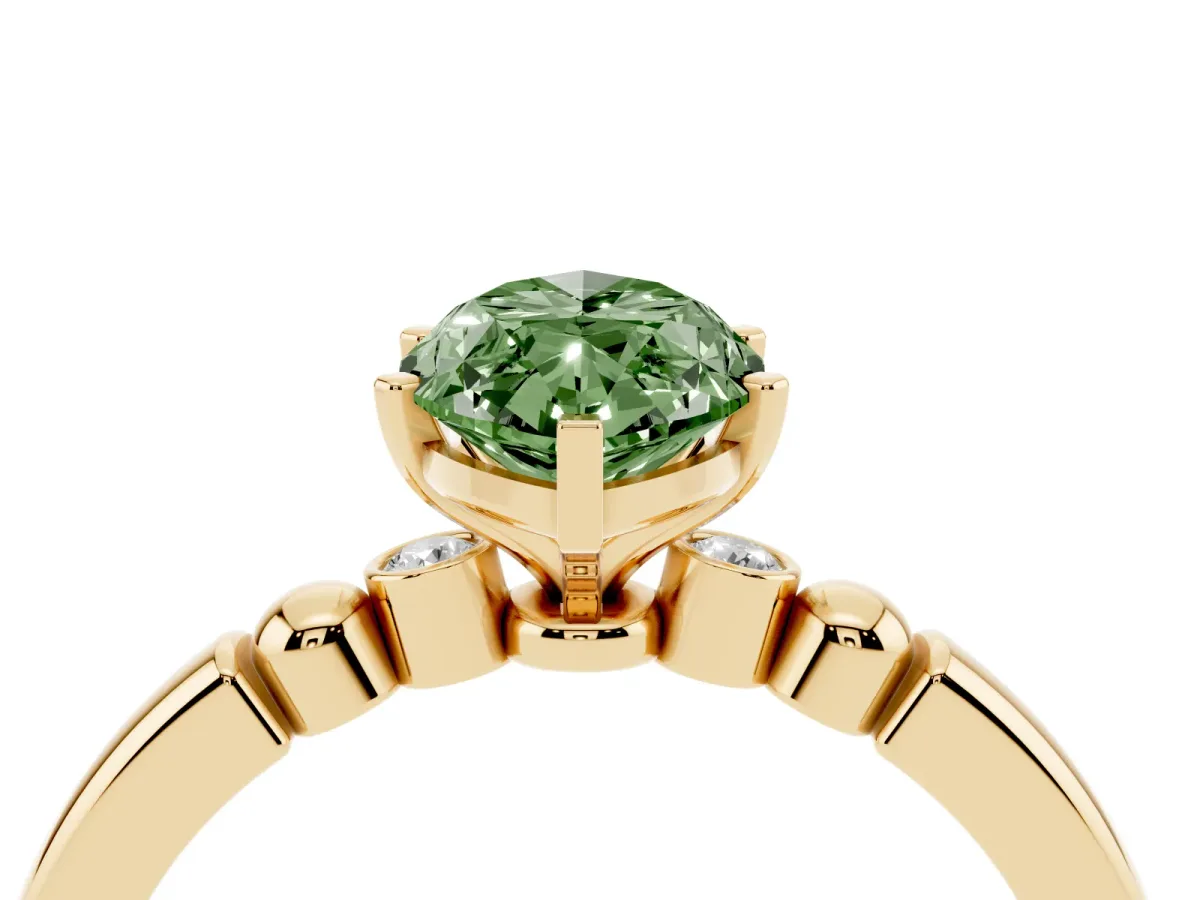 Fancy Green Marquise Cut Solitaire Beaded Band with Four-Prong Setting Yellow gold