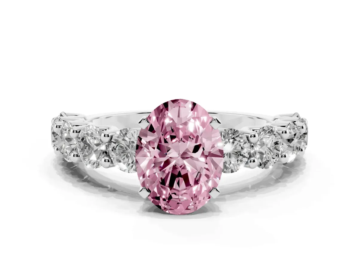 Fancy Pink Oval Cut Diamond Prong Setting with Side Stones on a Pave Band Silver