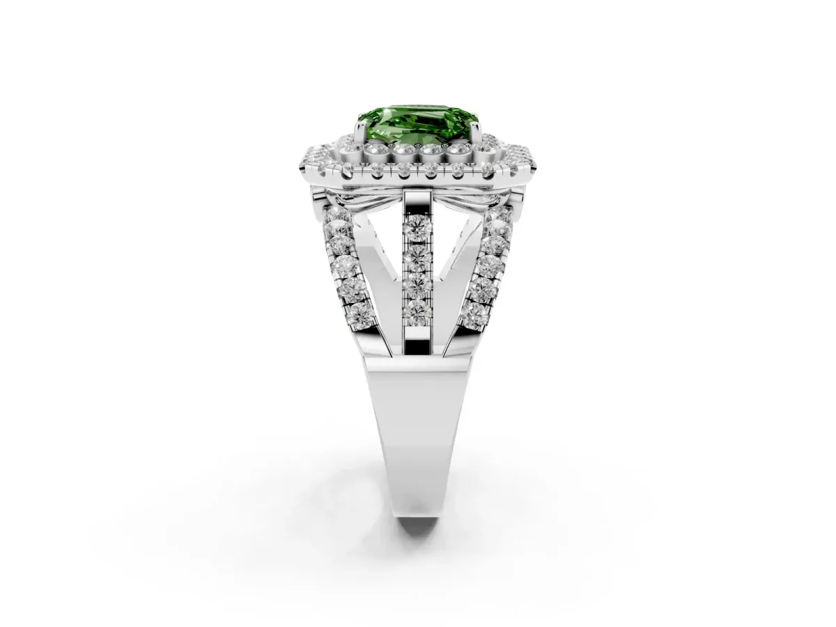 Fancy Green Emerald Cut Diamond Double Halo Ring with Round Pavé Split Shank and Prong Setting Platinum
