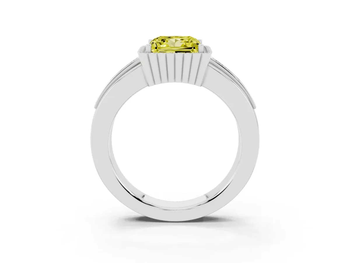 Fancy Yellow Princess Cut Cut Halo Pave Band Four-Prong Ring Silver