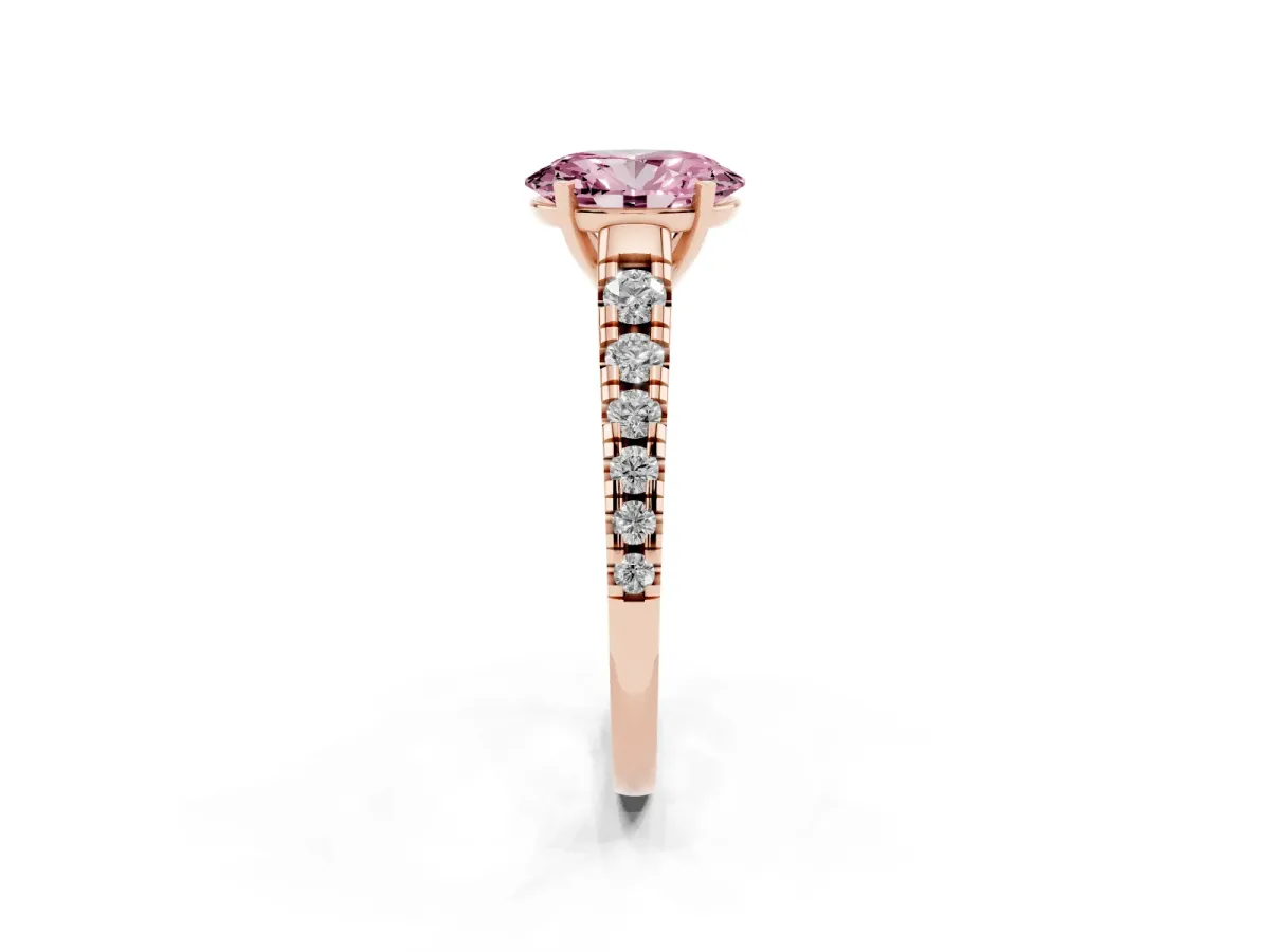 Fancy Pink Oval Cut Diamond Cathedral Solitaire Ring with Round Pavé Band Rose gold