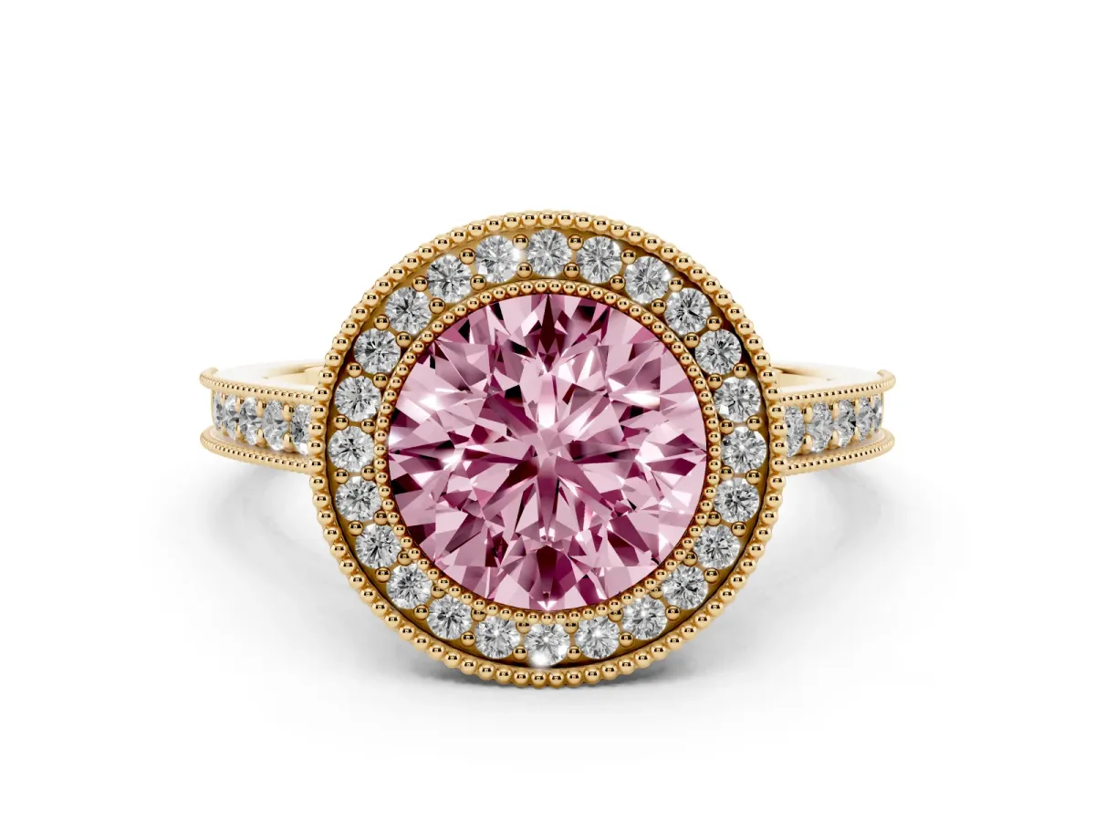 Fancy Pink Halo Round Cut-Cut Diamond Pave Band Milgrain Prong Setting Ring Yellow gold