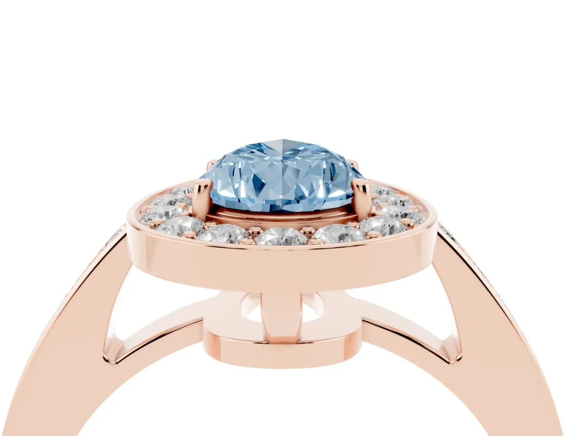 Fancy Blue Pear Cut Halo Pavé Diamond Engagement Ring with Bezel Setting Rose gold
