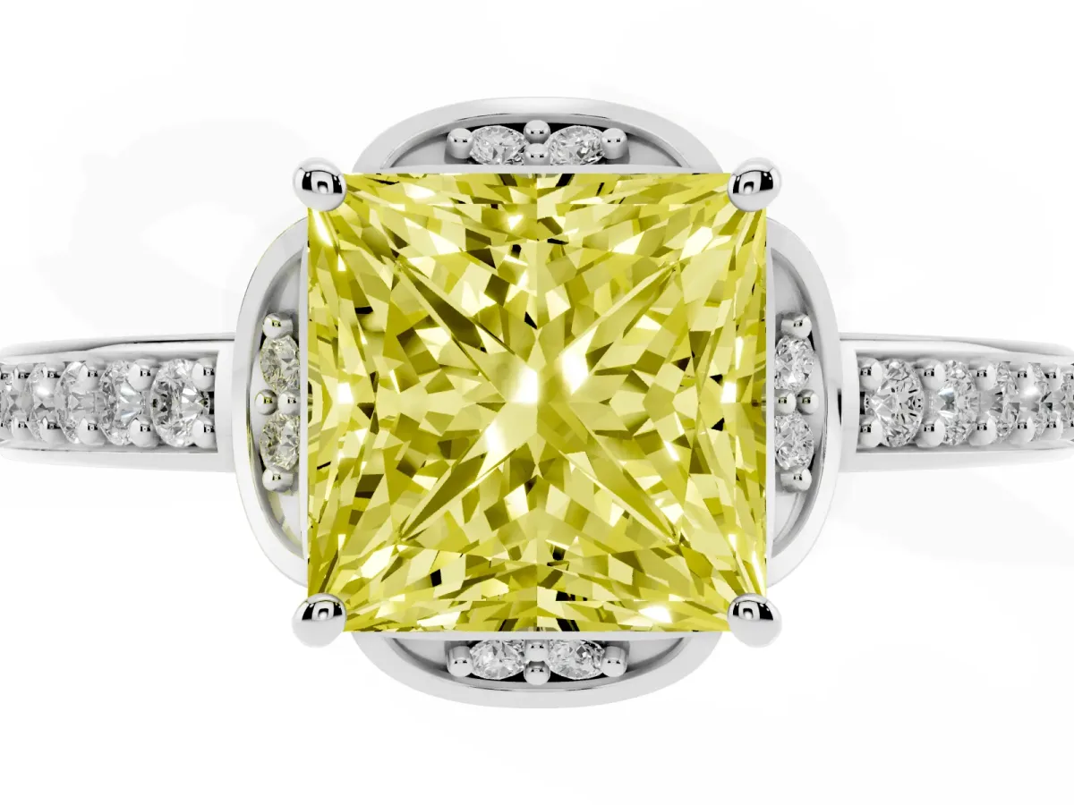 Fancy Yellow Princess Cut Cut Halo Diamond Ring with Channel Set Band and Four-Prong Setting White gold