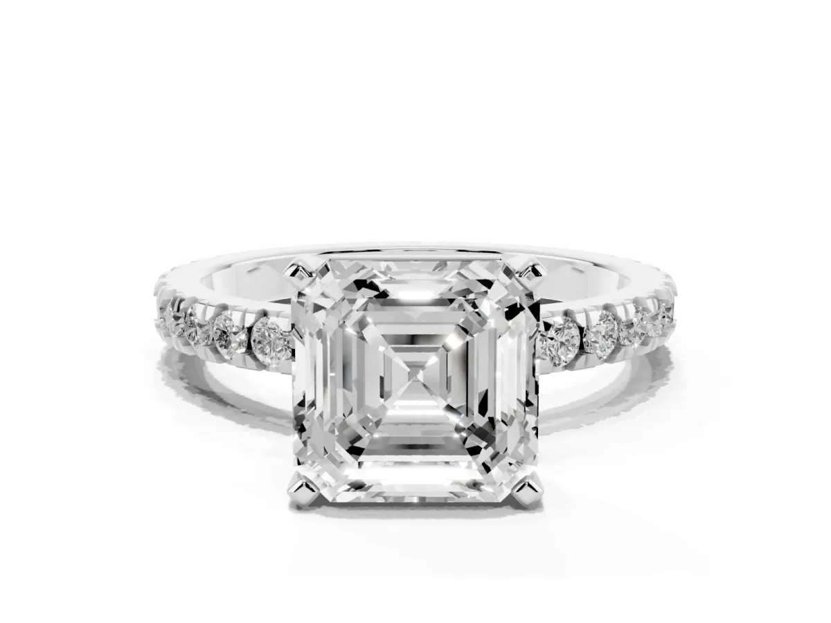 Asscher Cut Diamond Pavé Band Solitaire with Four-Prong Setting Silver