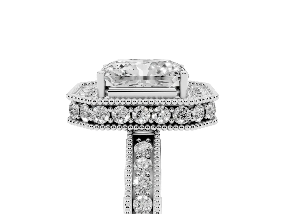 Radiant Cut Diamond Milgrain Halo Engagement Ring with Round Pavé Band and Prong Setting White gold