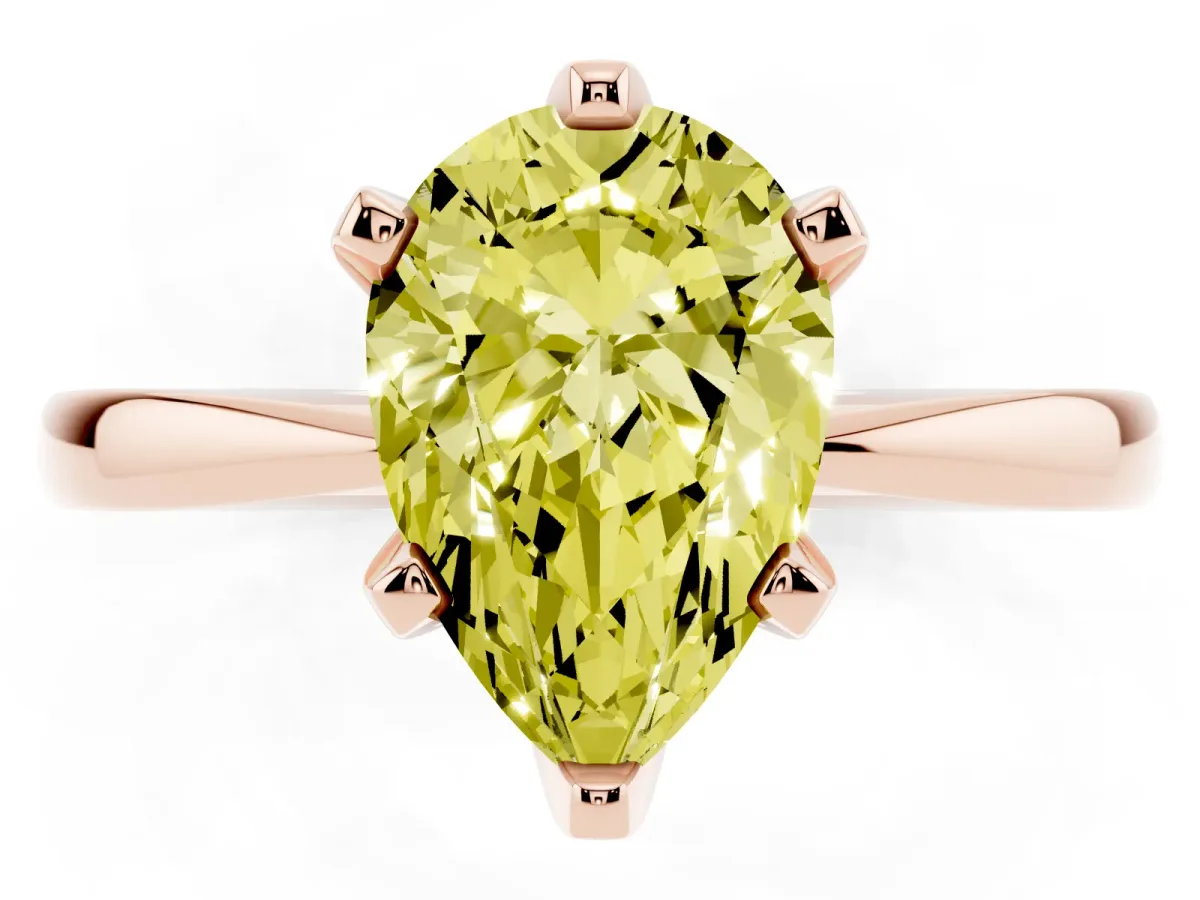 Fancy Yellow Pear Cut Solitaire Engagement Ring with Six-Prong Setting and Tapered Band Rose gold