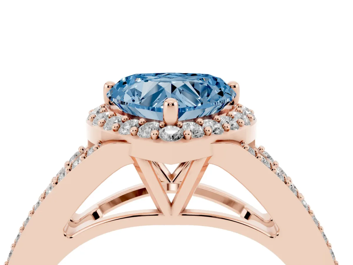 Fancy Blue Heart Cut Halo Split Shank Pave Diamond Ring with Four-Prong Setting Rose gold