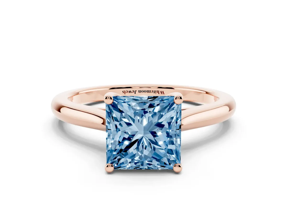 Fancy Blue Princess Cut Cut Solitaire Ring with Cathedral Band and Four-Prong Setting Rose gold