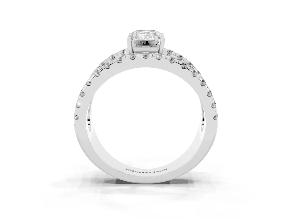Emerald Cut Solitaire Split Shank Pave Diamond Ring Silver