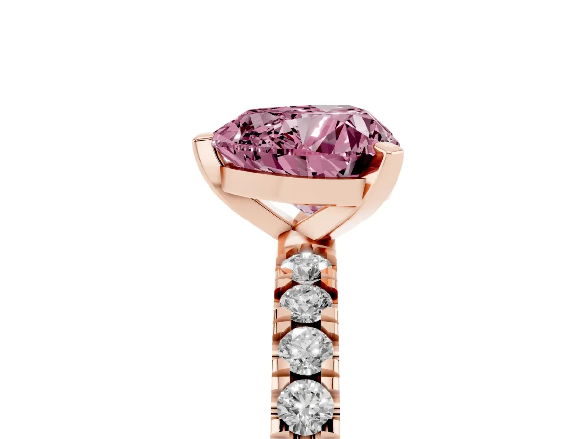 Fancy Pink Heart Cut Diamond Pavé Band Solitaire with Four-Prong Setting Rose gold