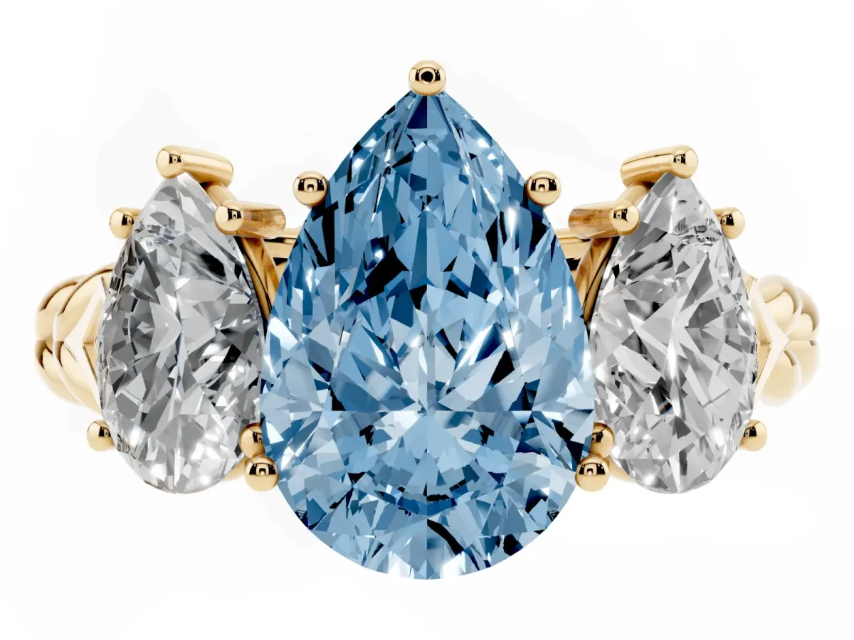 Fancy Blue Three-Stone Pear Cut Diamond Braided Band Ring with Four-Prong Setting Yellow gold