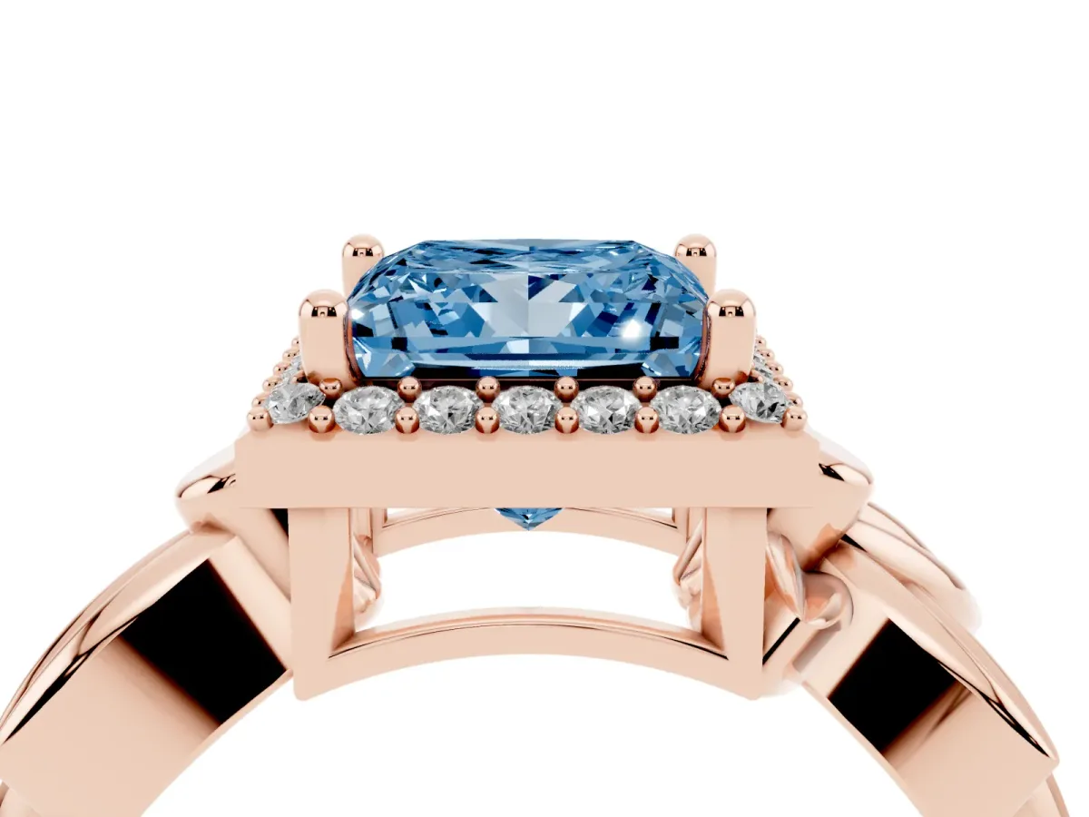 Fancy Blue Princess Cut Halo Diamond Floral Band with Four-Prong Setting Rose gold