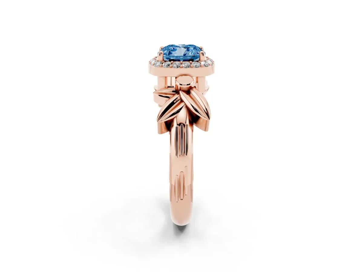 Fancy Blue Cushion Cut Halo Diamond Floral Band with Four-Prong Setting Rose gold