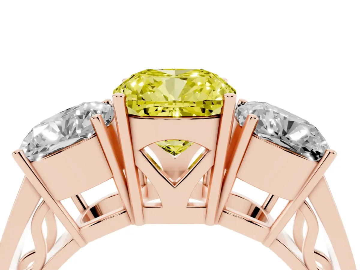Fancy Yellow Cushion Cut Diamond Three-Stone Ring with Prong Setting and Textured Band Rose gold