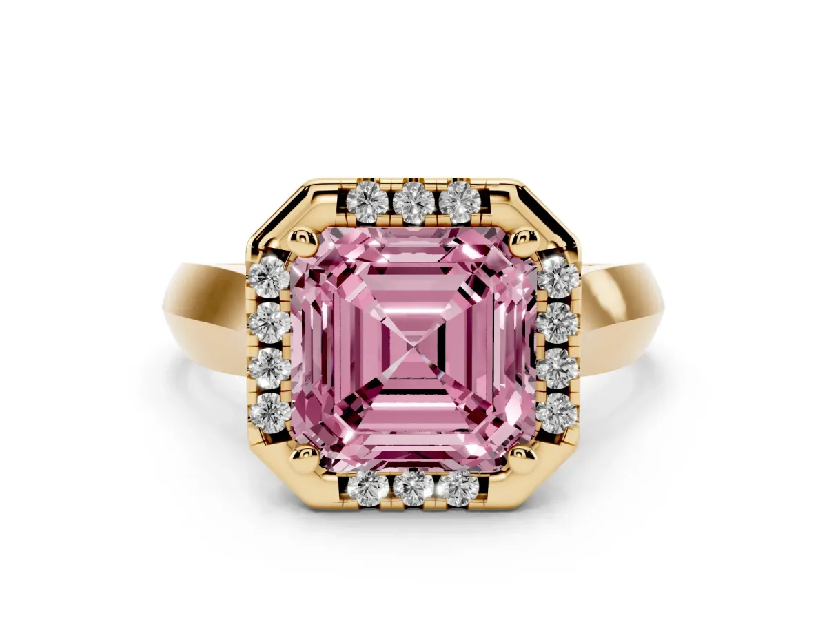 Fancy Pink Asscher Cut Cut Halo Solitaire Engagement Ring with Square Band and Four-Prong Setting Yellow gold
