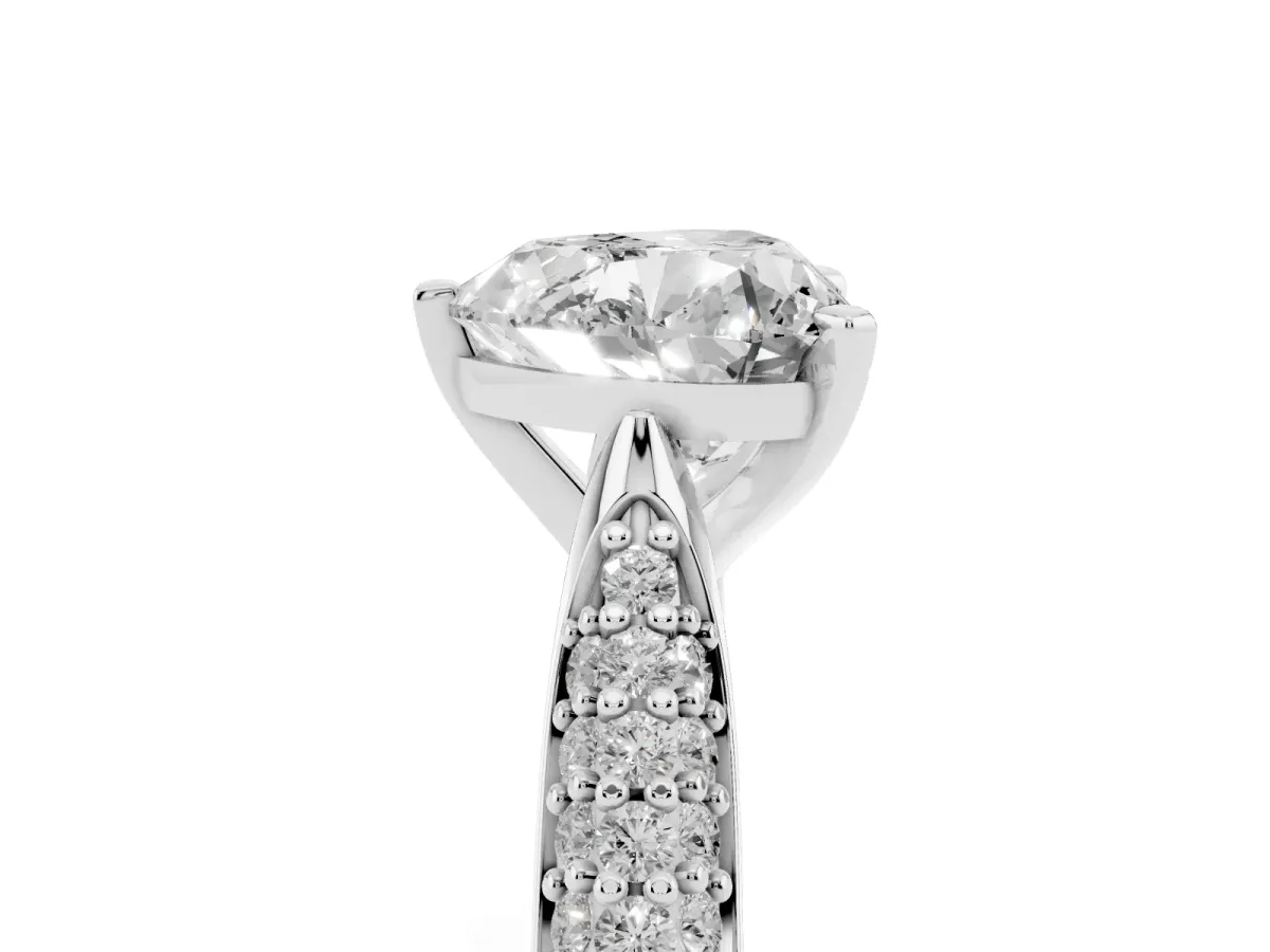 Heart Cut Diamond Solitaire Engagement Ring with Multi-Row Round Pavé Band and Prong Setting White gold