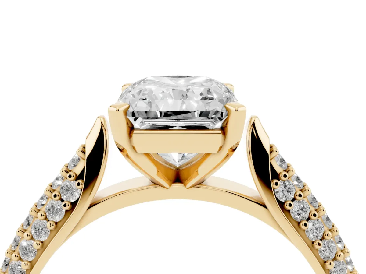 Radiant Cut Diamond Solitaire Engagement Ring with Multi-Row Round Pavé Band and Prong Setting Yellow gold